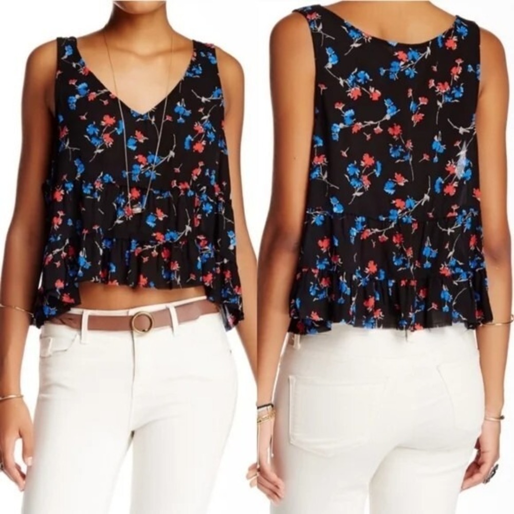 Intimately Free People Tank Top‎ Womens XS Black Floral Ruffle Tiered Boho Crop